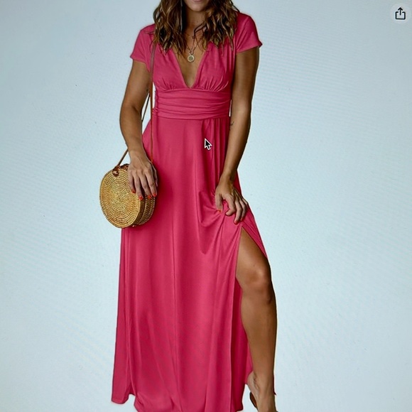 💖 Viral Pink Maxi Dress – Deep V Neck, Short Sleeve, High Slit Flowy Dress - Picture 1 of 5
